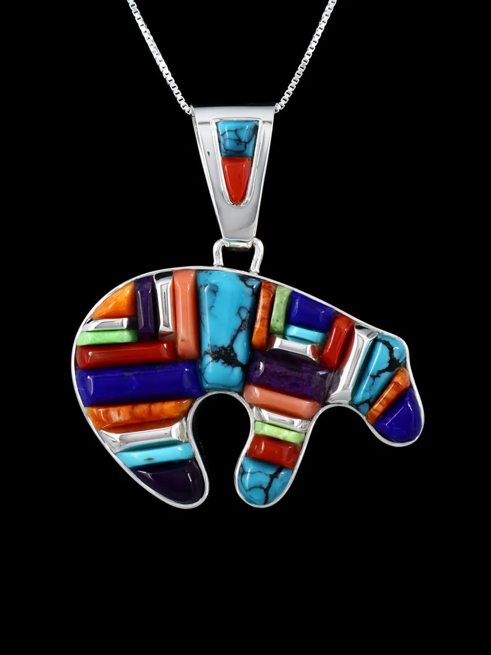 Native American Sterling Silver Multistone Cobblestone Inlay Bear Pendant