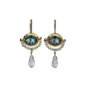 Nava Zahavi Yellow Gold Blue Topaz and Pearl Earrings