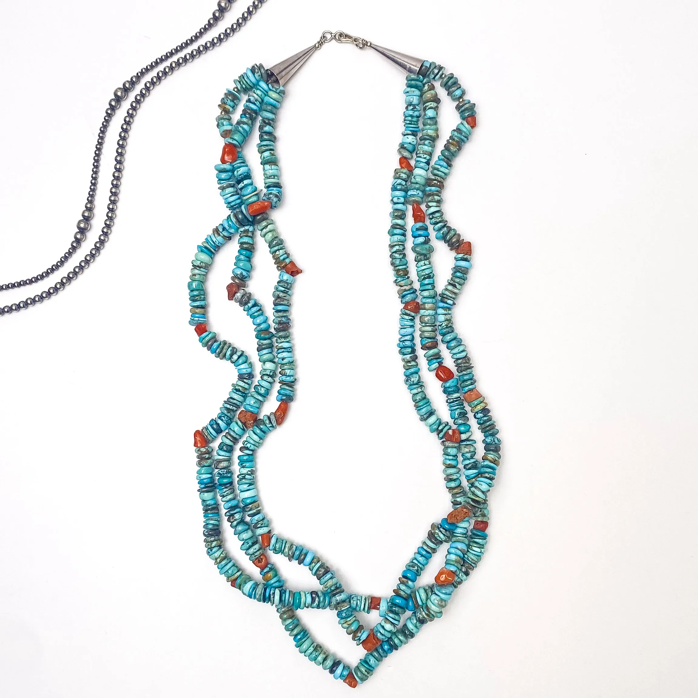 Navajo | Navajo Handmade Three Strand Necklace with Natural Turquoise and Coral Stones