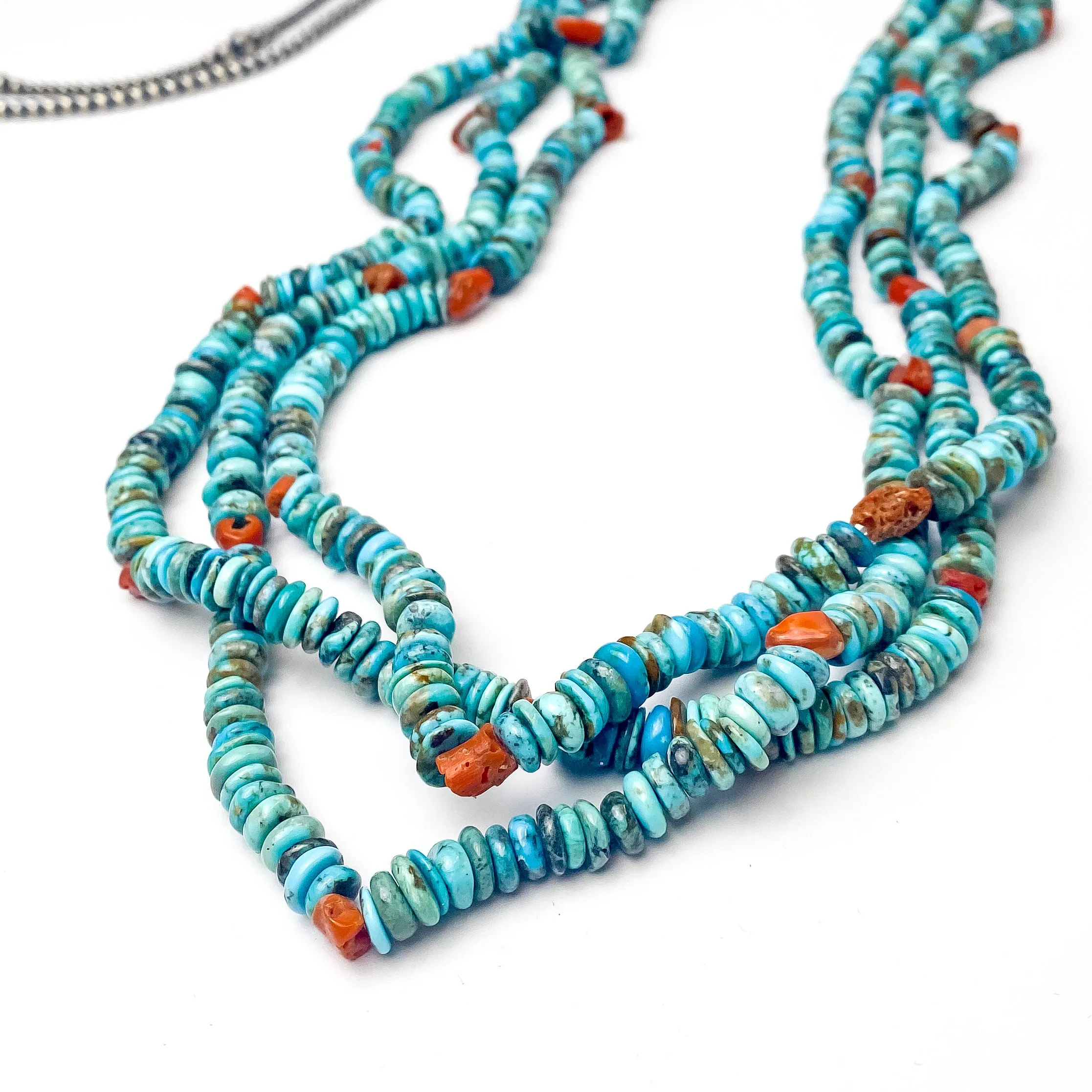 Navajo | Navajo Handmade Three Strand Necklace with Natural Turquoise and Coral Stones