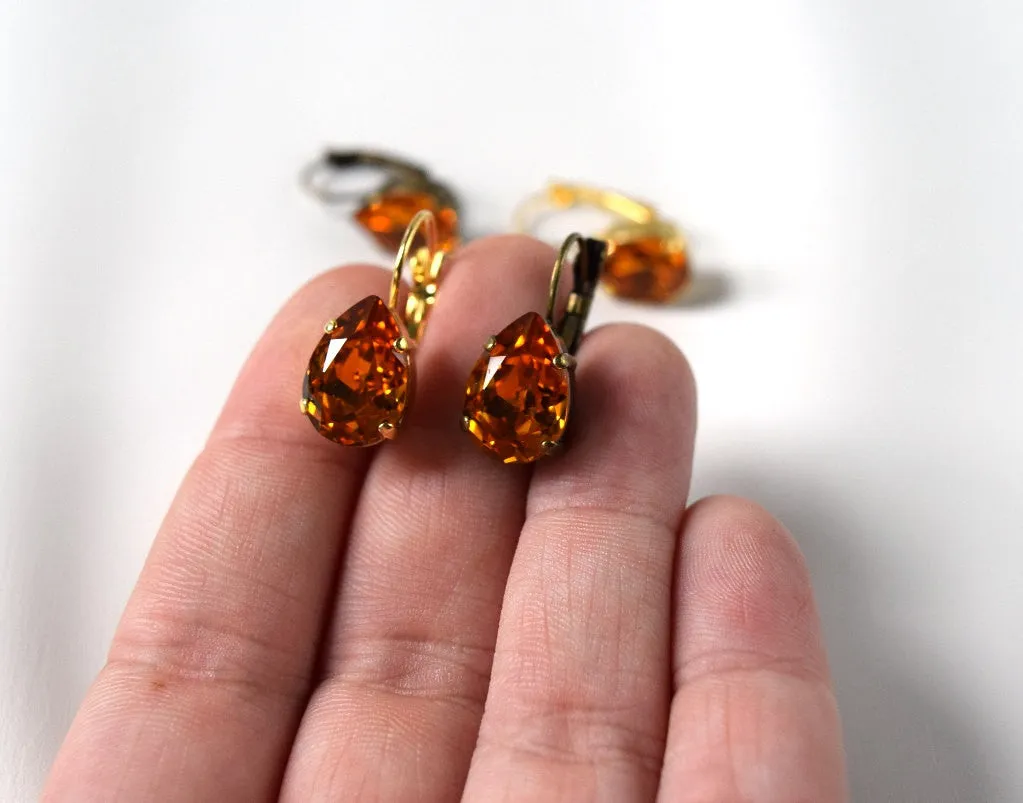 Orange Topaz Crystal Teardrop Earrings | Vintage Swarovski Crystal Earrings