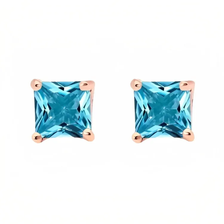 Paris Jewelry 18k Rose Gold 2 Pair Created Blue Topaz 4mm, 6mm Round & Princess Cut Stud Earrings Plated