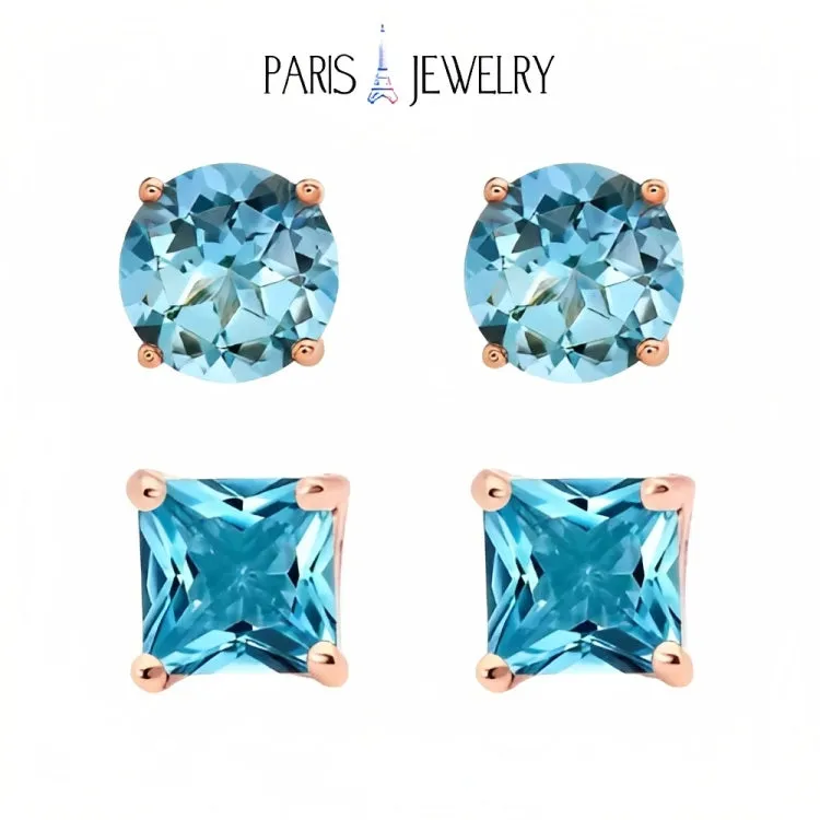 Paris Jewelry 18k Rose Gold 2 Pair Created Blue Topaz 4mm, 6mm Round & Princess Cut Stud Earrings Plated