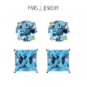 Paris Jewelry 18k Yellow Gold 2 Pair Created Blue Topaz 4mm, 6mm Round & Princess Cut Stud Earrings Plated