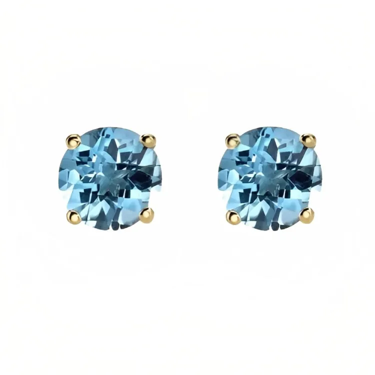 Paris Jewelry 18k Yellow Gold 2 Pair Created Blue Topaz 4mm, 6mm Round & Princess Cut Stud Earrings Plated