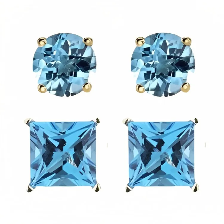 Paris Jewelry 18k Yellow Gold 2 Pair Created Blue Topaz 4mm, 6mm Round & Princess Cut Stud Earrings Plated