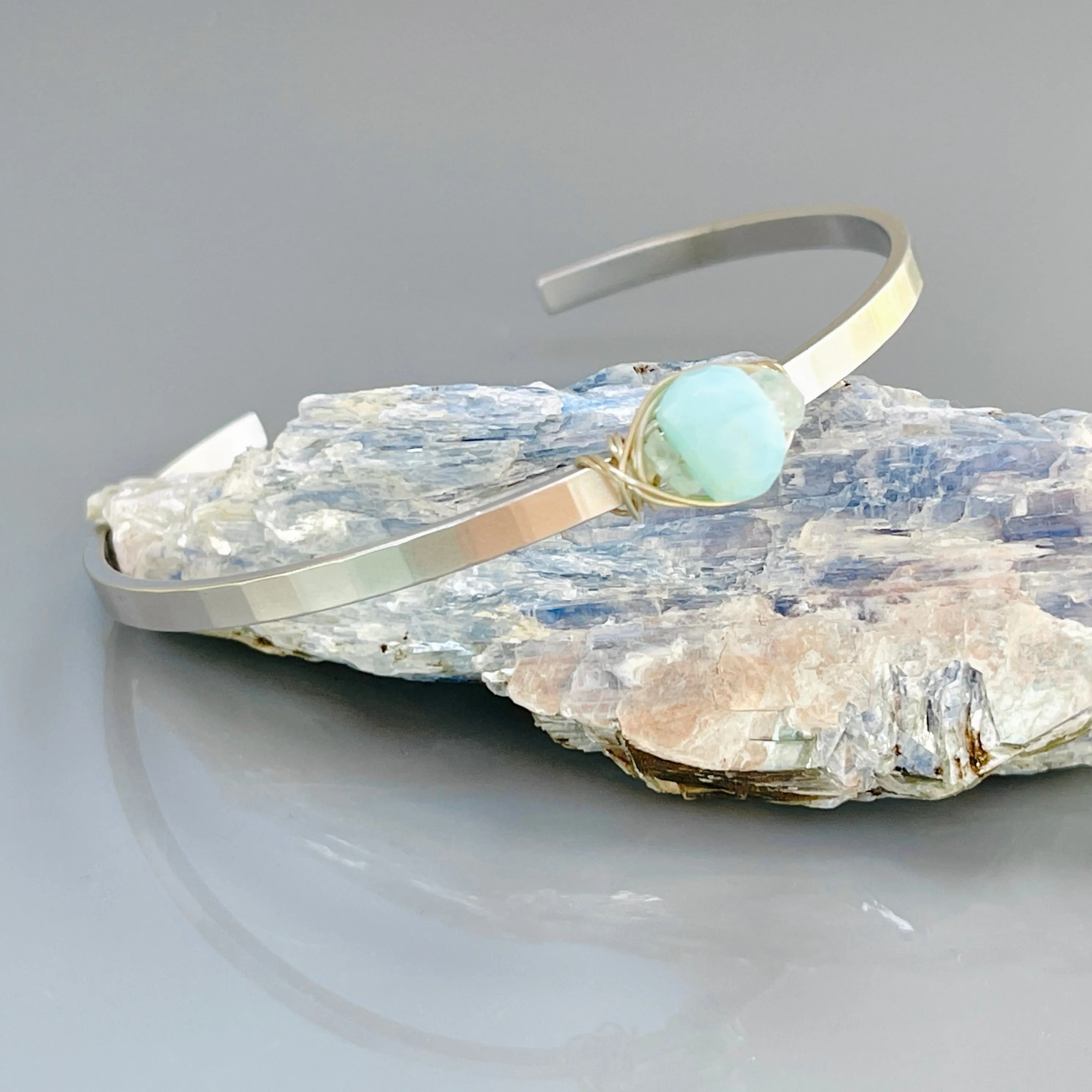 Peruvian Blue Opal gemstone cuff bracelet Matte White Gold and White Topaz