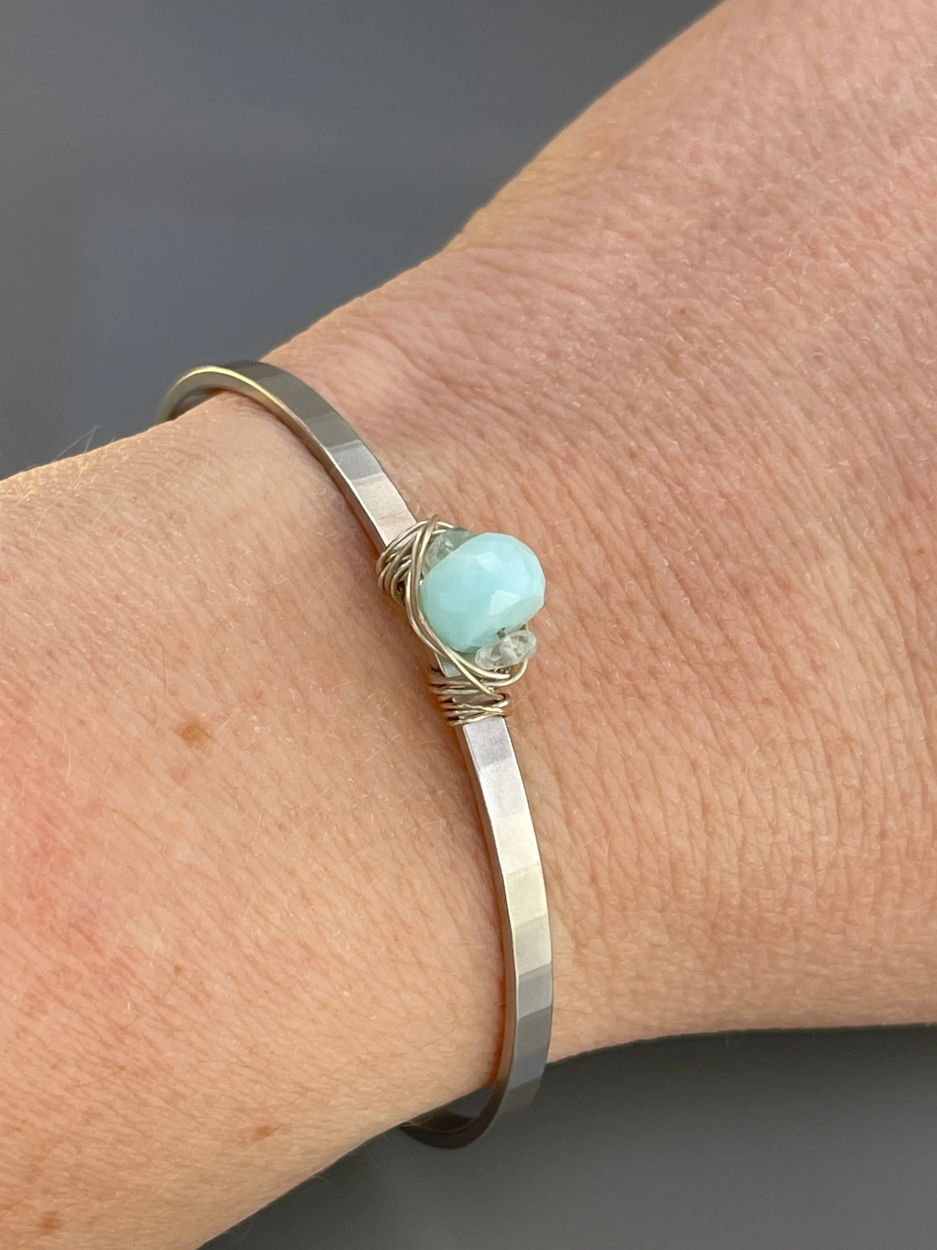 Peruvian Blue Opal gemstone cuff bracelet Matte White Gold and White Topaz