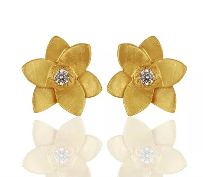 Petite Gold Plumeria Flower Stud Earrings with White Topaz Gemstone Accent