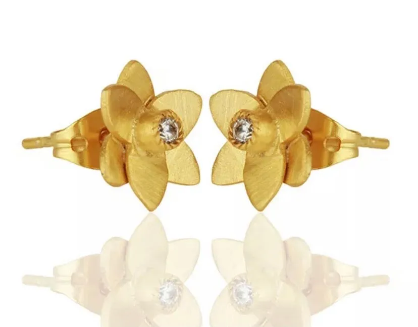 Petite Gold Plumeria Flower Stud Earrings with White Topaz Gemstone Accent