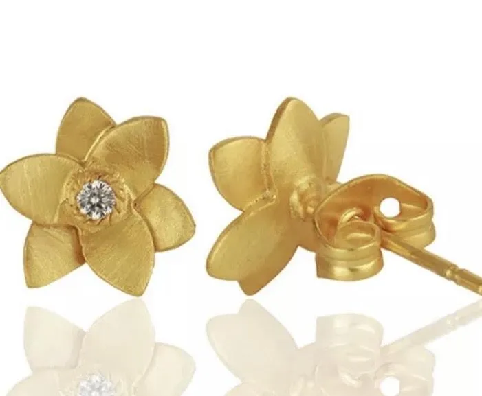 Petite Gold Plumeria Flower Stud Earrings with White Topaz Gemstone Accent