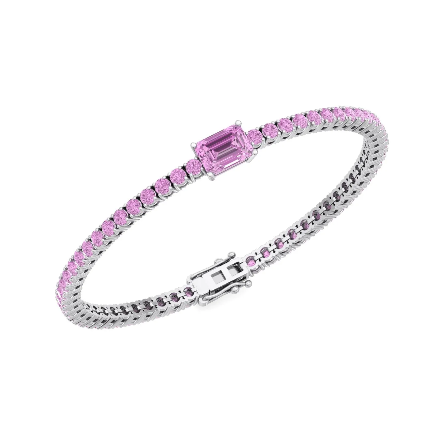 Pierra - Single Stone Emerald Shape Natural Pink Sapphire Tennis Bracelet