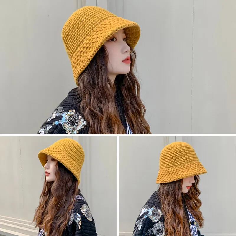 PIN GROUPS Women Panama Bucket Hat Solid Color Knitting Warm Cap Autumn Winter Outdoor Casual Lady Girl Crochet Fisherman Beanie Hat