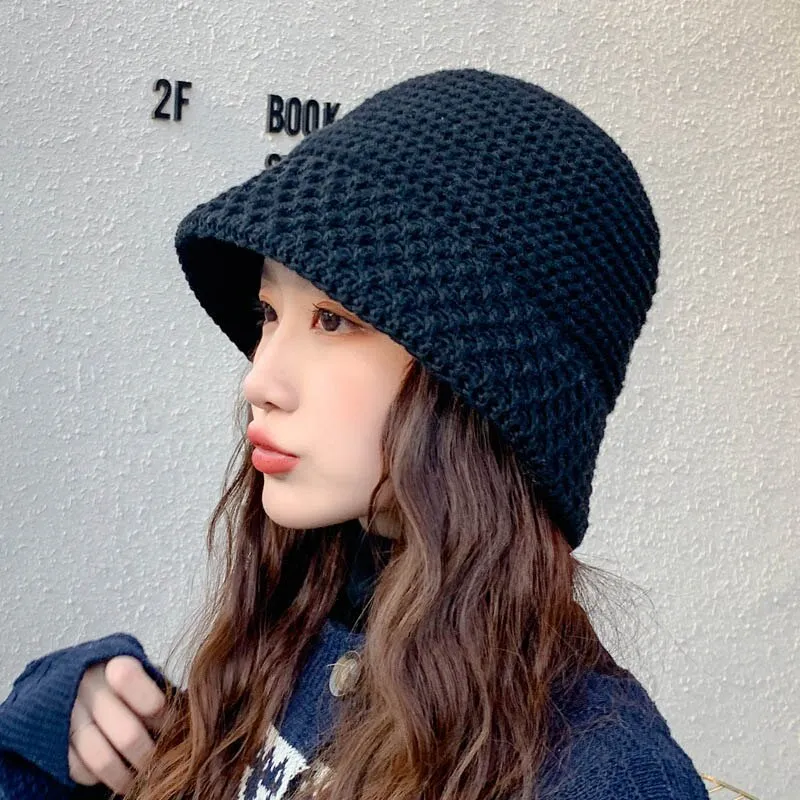 PIN GROUPS Women Panama Bucket Hat Solid Color Knitting Warm Cap Autumn Winter Outdoor Casual Lady Girl Crochet Fisherman Beanie Hat