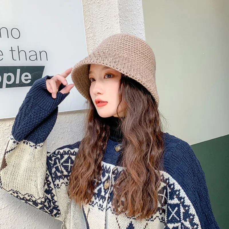 PIN GROUPS Women Panama Bucket Hat Solid Color Knitting Warm Cap Autumn Winter Outdoor Casual Lady Girl Crochet Fisherman Beanie Hat