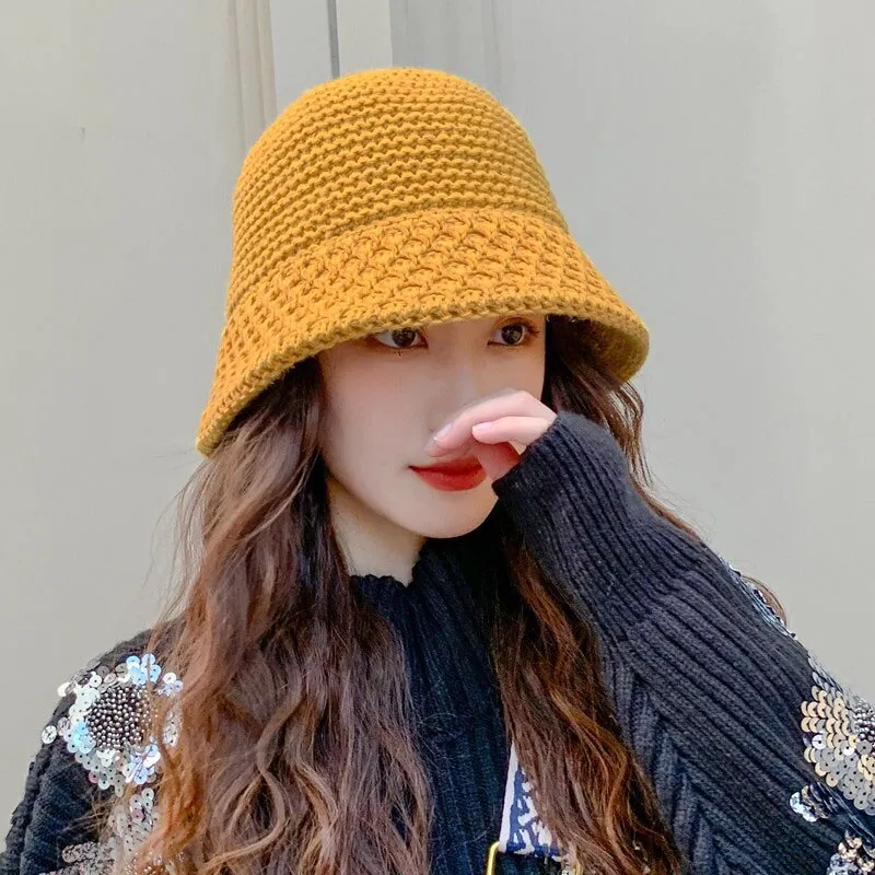 PIN GROUPS Women Panama Bucket Hat Solid Color Knitting Warm Cap Autumn Winter Outdoor Casual Lady Girl Crochet Fisherman Beanie Hat