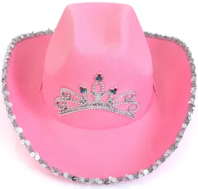 Pink Cowboy Hat - Pink Sequin Cowgirl Princess Hat with Crown Tiara Design