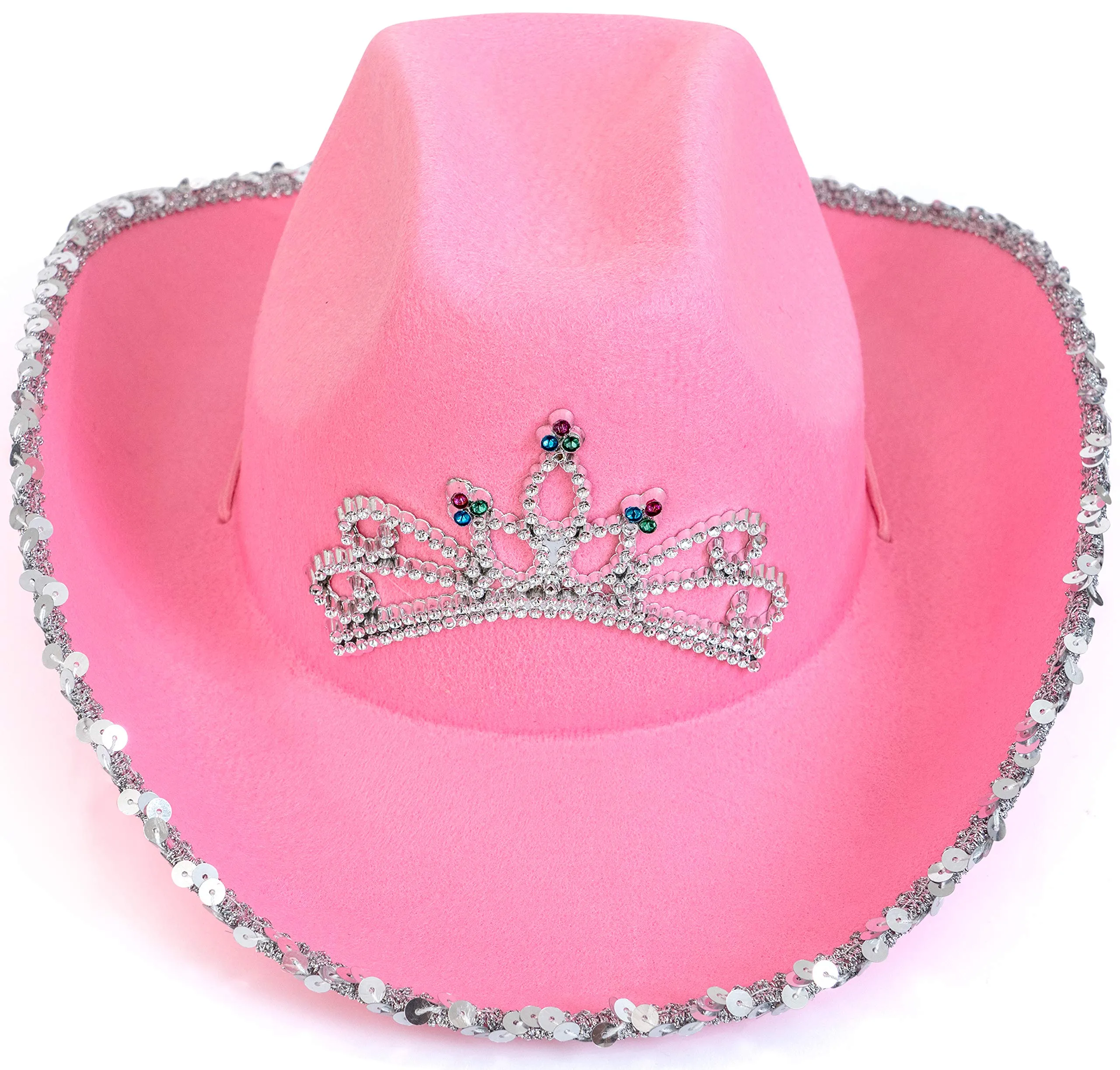 Pink Cowboy Hat - Pink Sequin Cowgirl Princess Hat with Crown Tiara Design