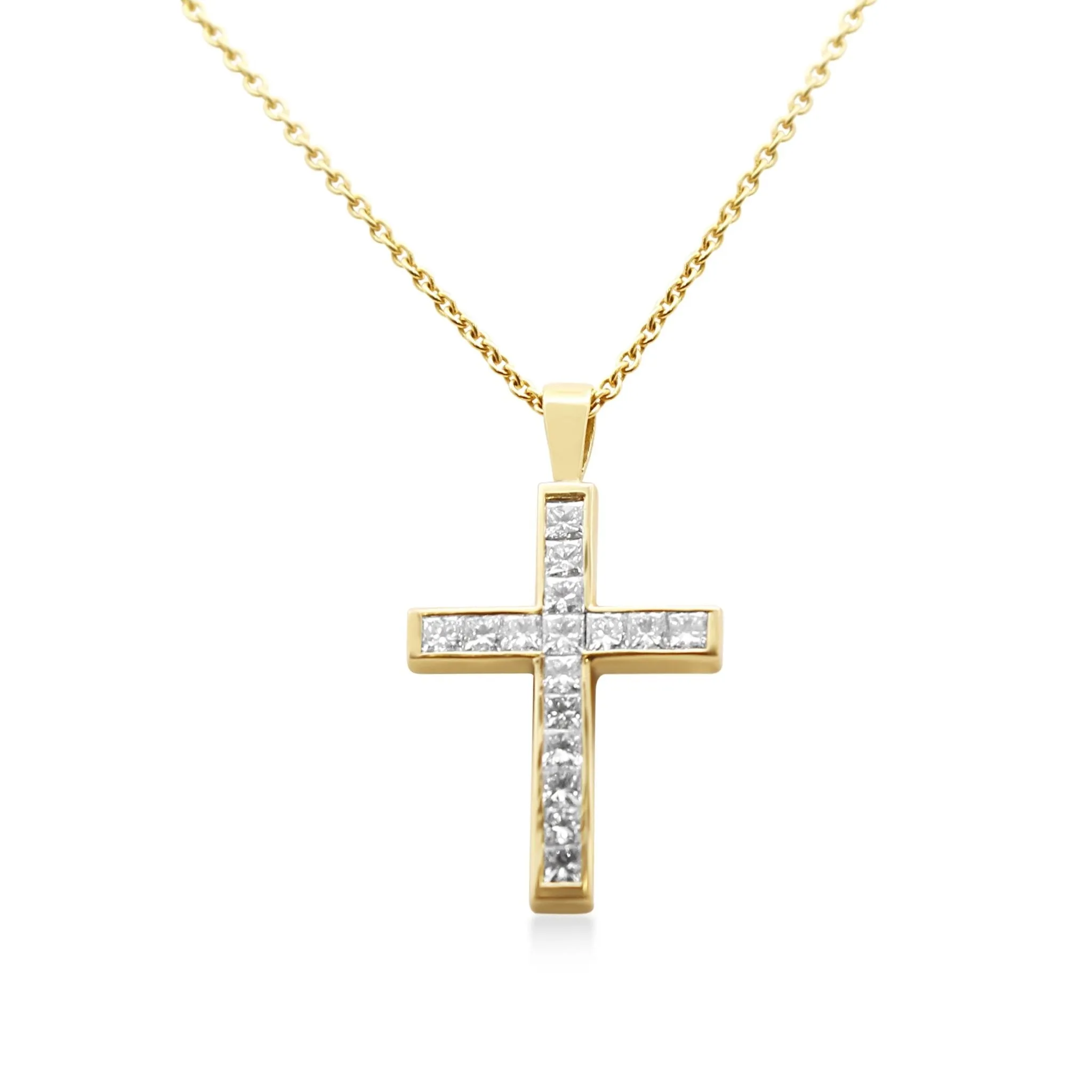 Princess Cut Diamond Cross Pendant On 16" Necklace - 18ct Yellow Gold