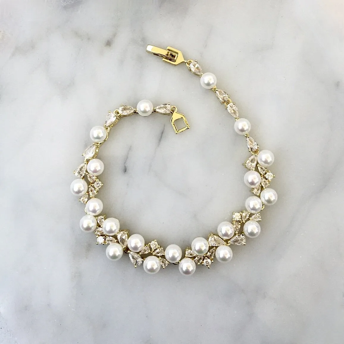 "Inga" - Pearl and Cubic Zirconia Bridal Bracelet - Available in Gold and Silver