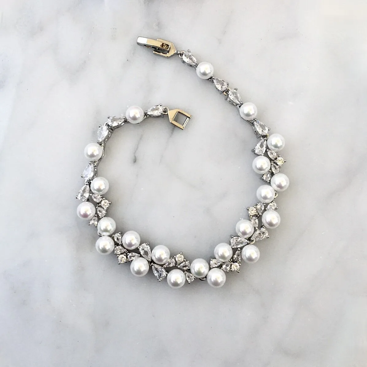 "Inga" - Pearl and Cubic Zirconia Bridal Bracelet - Available in Gold and Silver