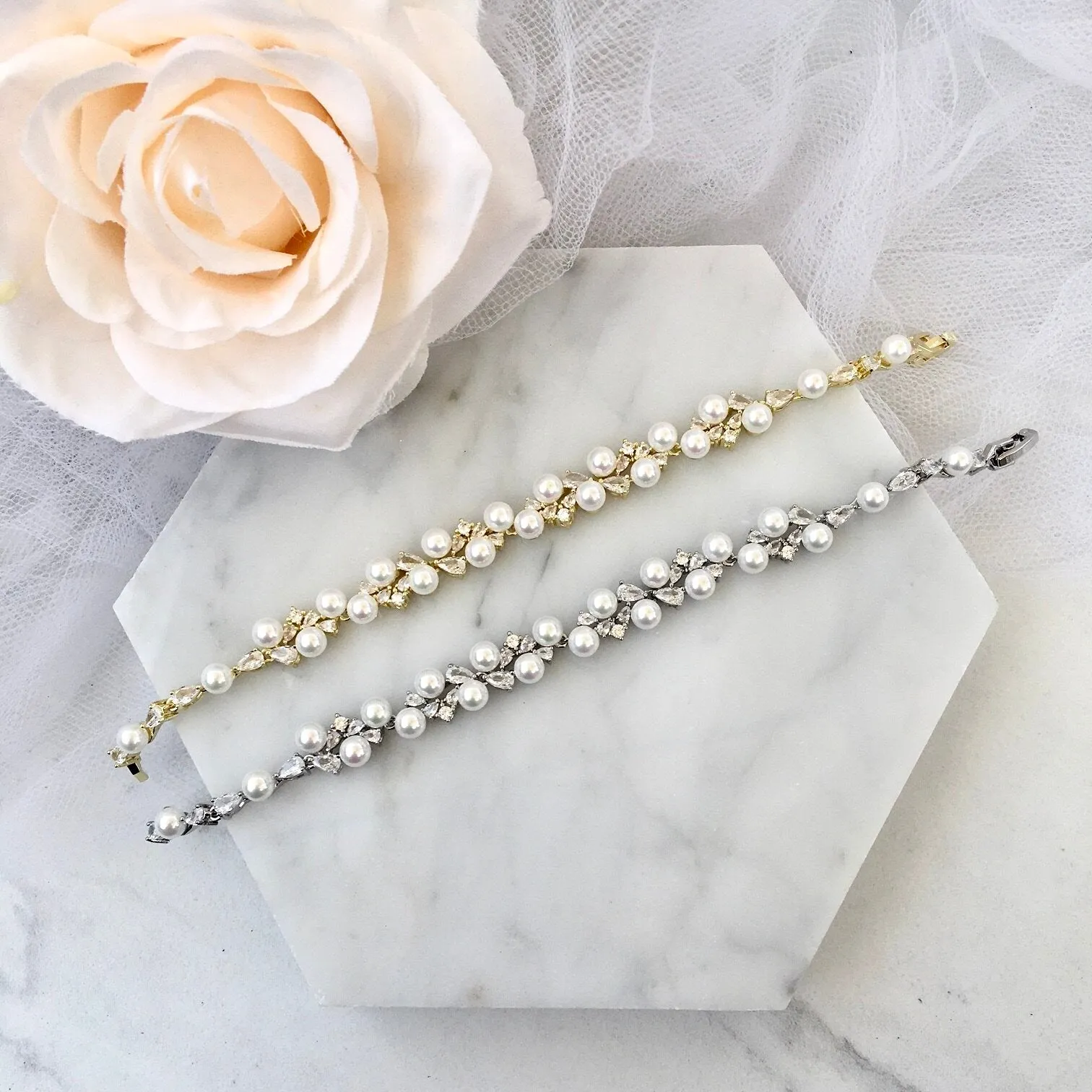 "Inga" - Pearl and Cubic Zirconia Bridal Bracelet - Available in Gold and Silver