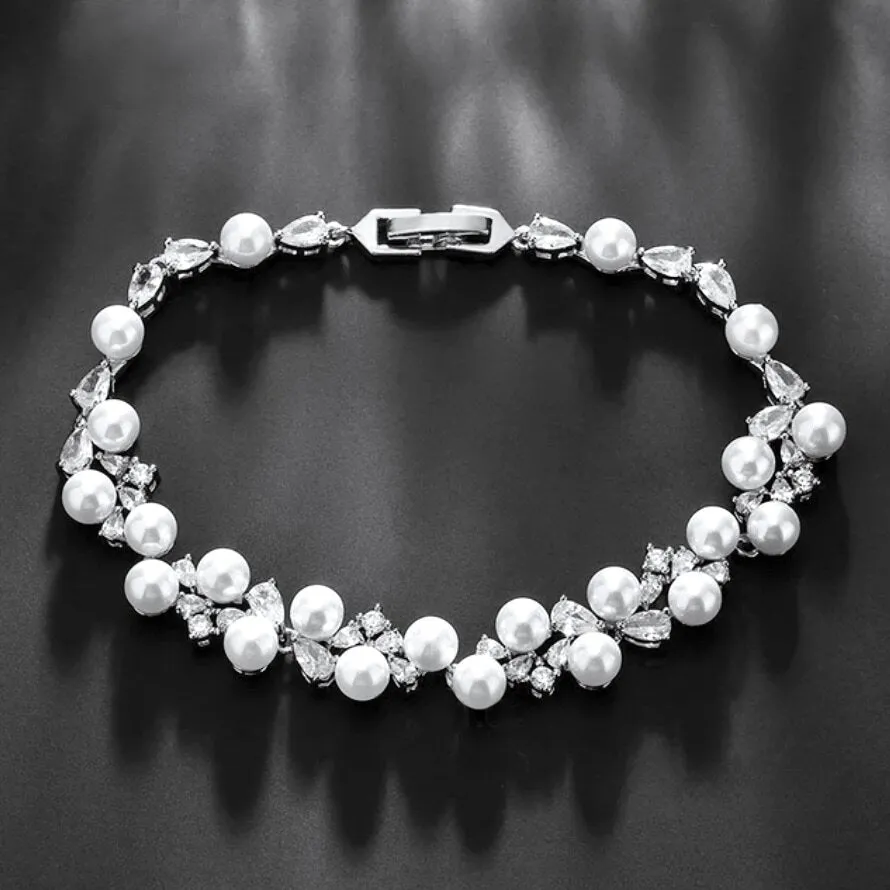 "Inga" - Pearl and Cubic Zirconia Bridal Bracelet - Available in Gold and Silver