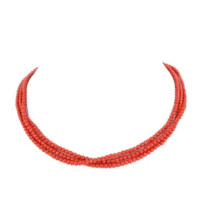 Red Coral Bead 3 Strand Torsade Necklace