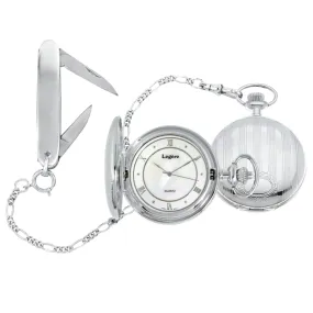 Rhodium Finish Large Pocket Watch W/Mop Dial & Knife & Chain Set