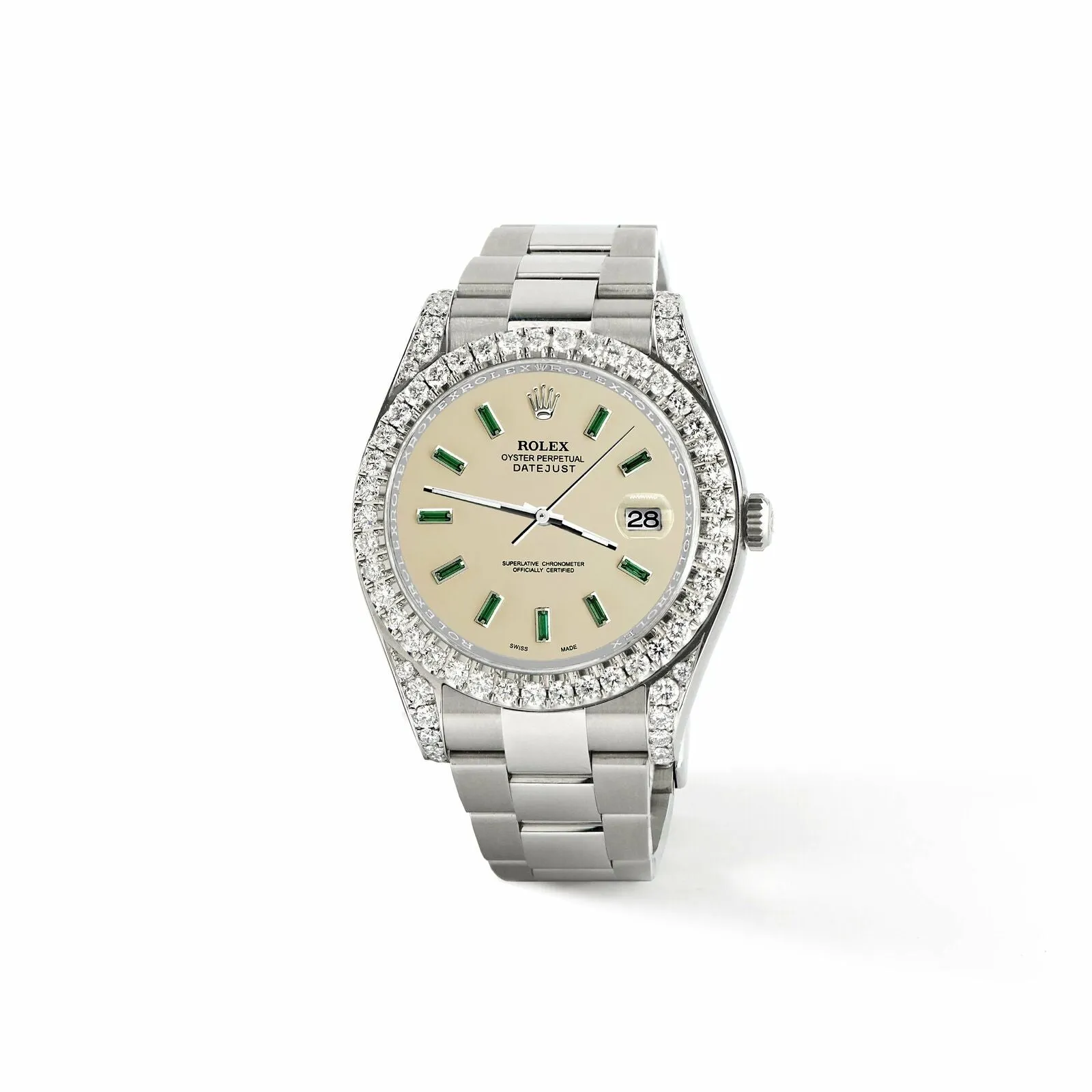 Rolex Datejust II 41mm 4.5CT Diamond Bezel/Lugs/Emerald Baguette Satin Linen  TFJ-142508710