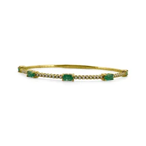 Round Brilliant Diamond & Emerald Station Flex Bangle Bracelet in 14k Yellow Gold