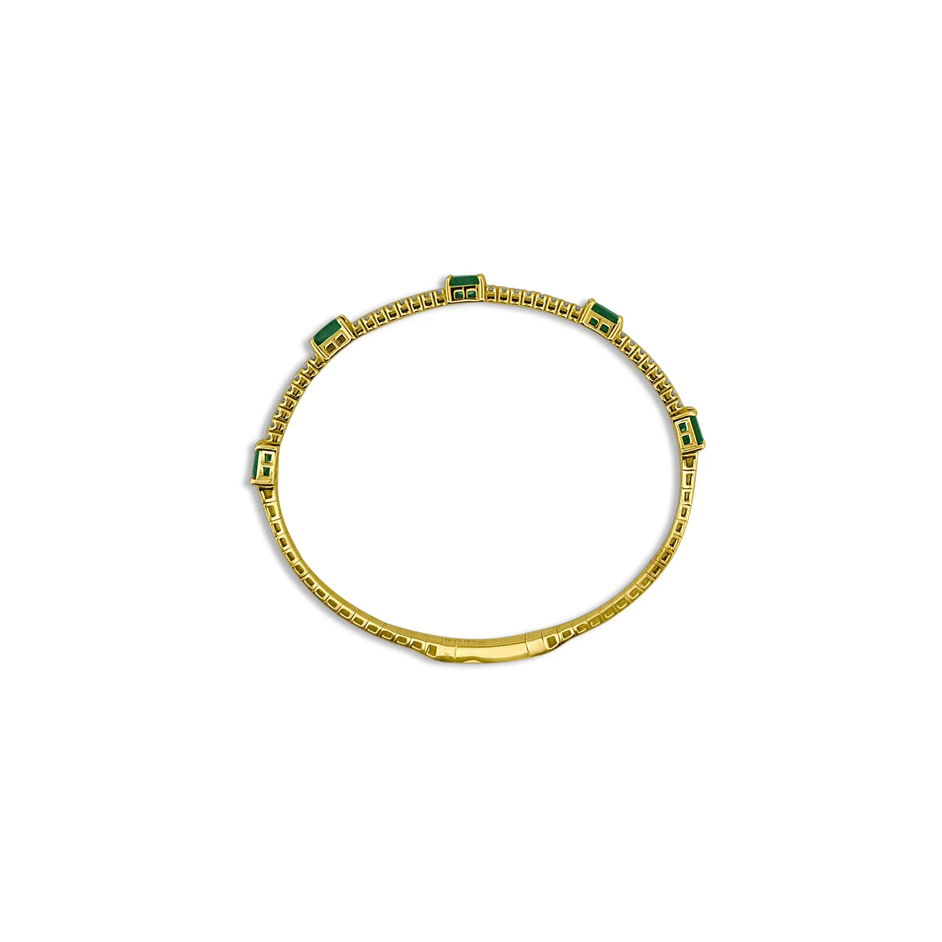 Round Brilliant Diamond & Emerald Station Flex Bangle Bracelet in 14k Yellow Gold