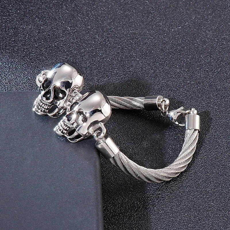 Rugged Men's Titanium Steel Bracelet with Double Skull Design