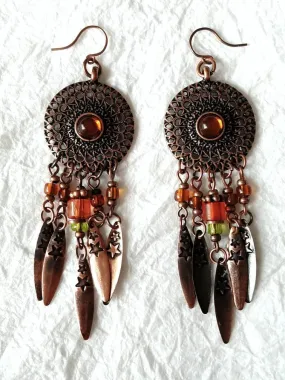 Rustic Burnt Orange Dangle Arrow Fringe Drops and Faux Amber Earrings, QW09179: DreamCatcher of Fall