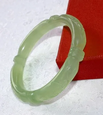 Sale-Flowers and Bamboo "Knot" Carved Classic Round Chinese Jade Bangle Bracelet 53mm (NJCARV-23-53)