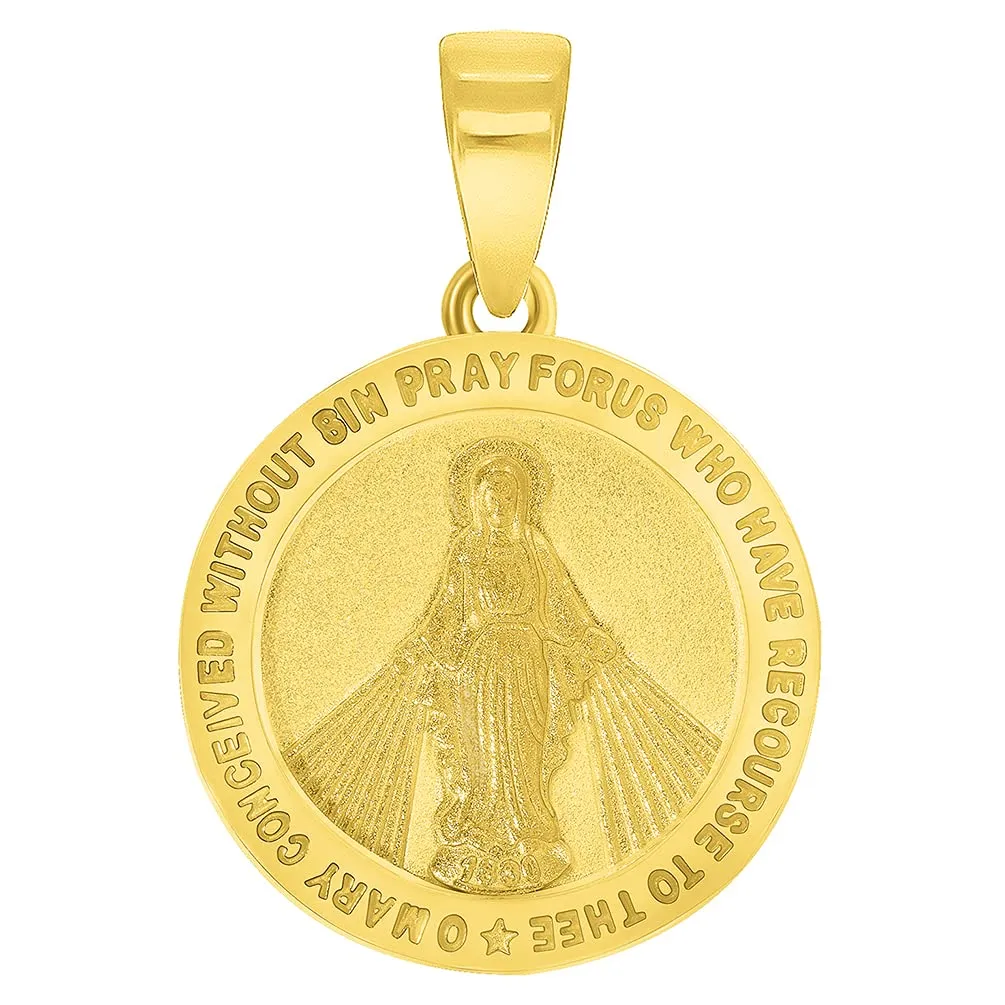 Solid 14k Gold Small Classic Miraculous Medallion of the Virgin Mary Pendant with Figaro Chain Necklace - Yellow Gold