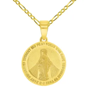 Solid 14k Gold Small Classic Miraculous Medallion of the Virgin Mary Pendant with Figaro Chain Necklace - Yellow Gold