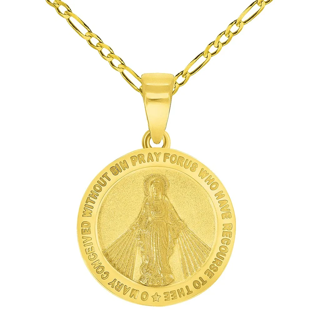 Solid 14k Gold Small Classic Miraculous Medallion of the Virgin Mary Pendant with Figaro Chain Necklace - Yellow Gold