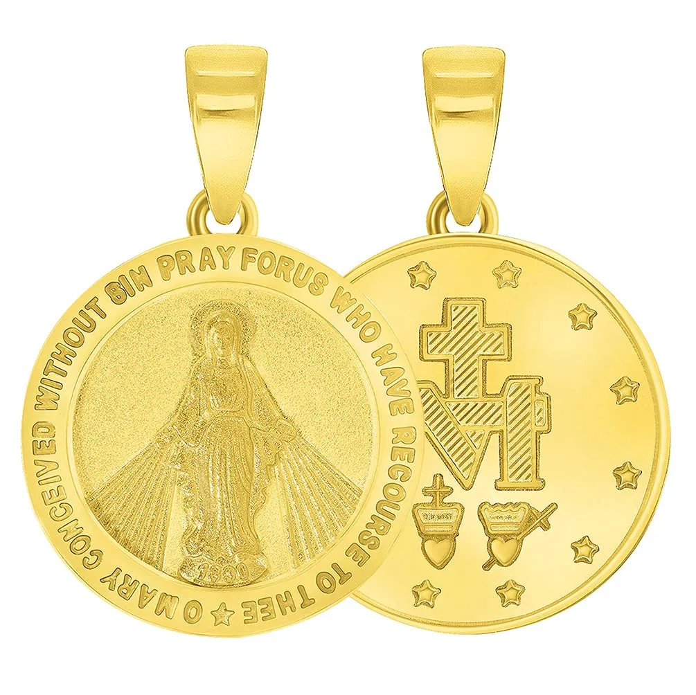 Solid 14k Gold Small Classic Miraculous Medallion of the Virgin Mary Pendant with Figaro Chain Necklace - Yellow Gold