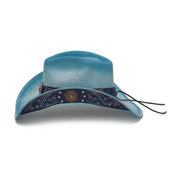 Stampede Hats - Sky Blue Bohemian Floral Western Hat with Studs and Embroidery