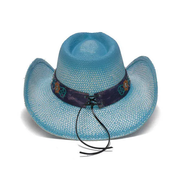 Stampede Hats - Sky Blue Bohemian Floral Western Hat with Studs and Embroidery