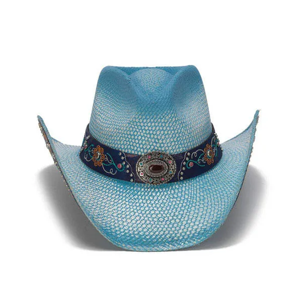 Stampede Hats - Sky Blue Bohemian Floral Western Hat with Studs and Embroidery