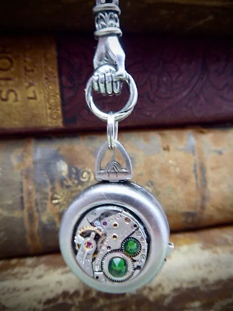 Steampunk Locket Necklace Double locket Necklace Vintage Watch Movement Victorian Antique silver Locket Pendant  Emerald Swarovski crystals