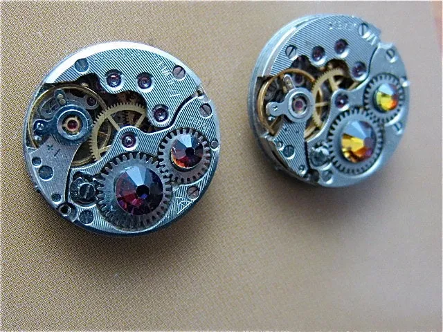 Steampunk Stud Earrings with Mechanical Watch Movements and Real Swarovski crystals, Steampunk Earrings , Steampunk jewelry