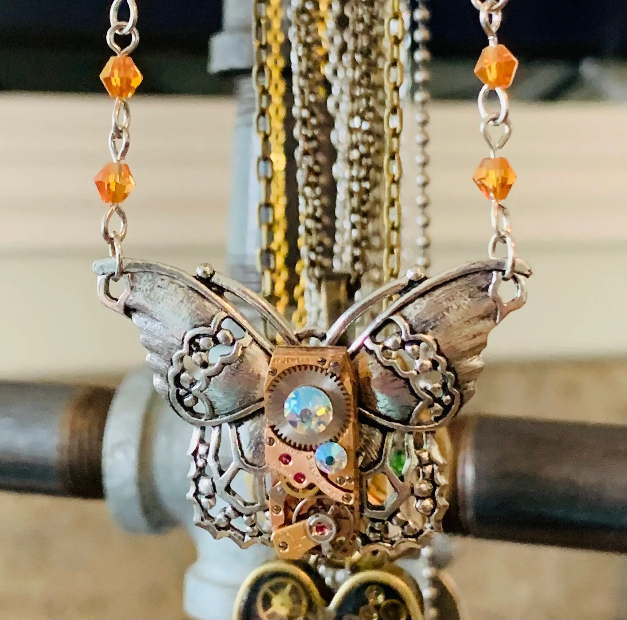 Steampunk Watch movement Butterfly Pendant for her Rose Gold Gift for Mom December Birthday Steampunk Watch movement