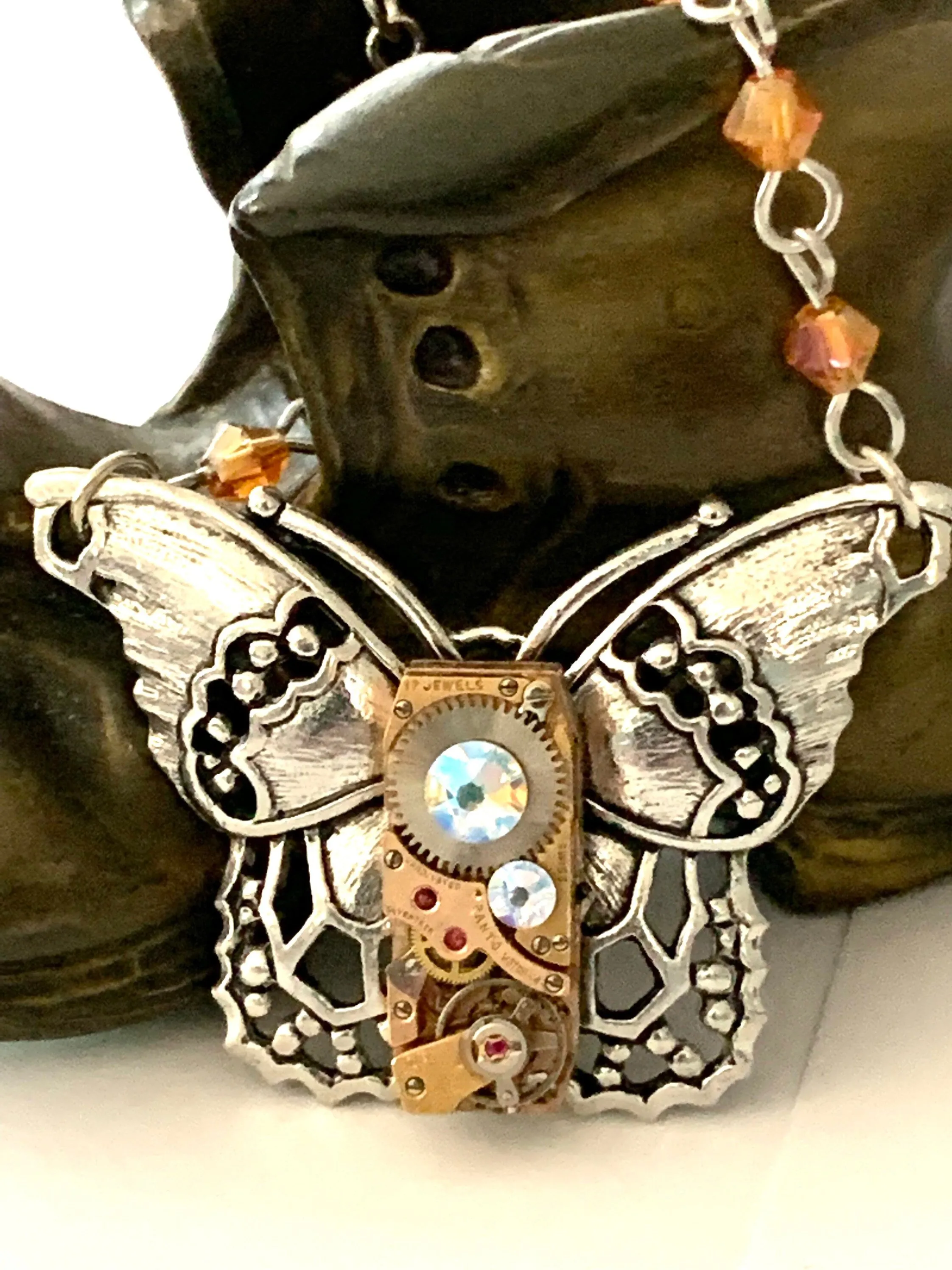 Steampunk Watch movement Butterfly Pendant for her Rose Gold Gift for Mom December Birthday Steampunk Watch movement