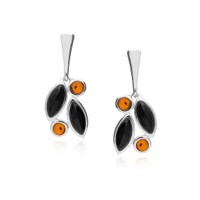 Sterling Silver Amber & Whitby Jet Leaf Earrings