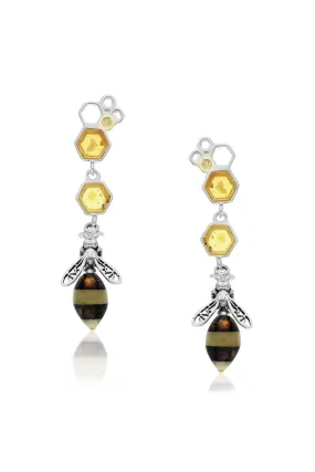 Sterling Silver Amber Honeycomb Bee Drop Earrings