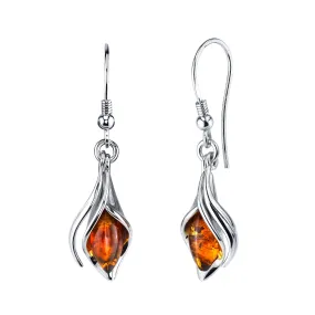 Sterling Silver Baltic Amber Drop Dangle Calla Lily Flower Earrings Cognac 1.5"