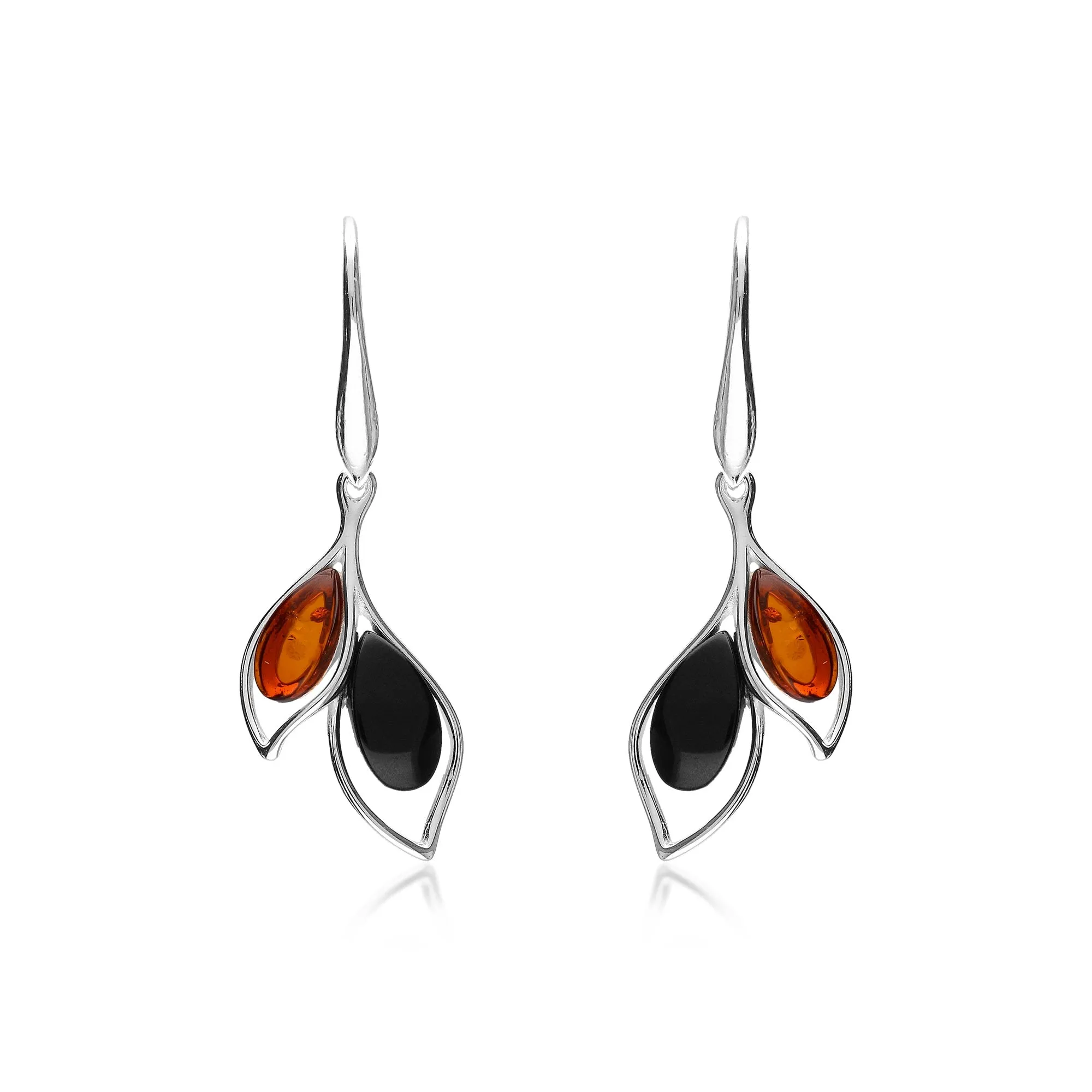 Sterling Silver Whitby Jet & Amber Mixed Leaf Drop Earrings